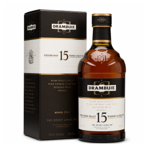 Drambuie 15 Years Old, licor escocês premium com notas de mel, especiarias e whisky malt envelhecido, ideal para apreciadores de bebidas sofisticadas.
