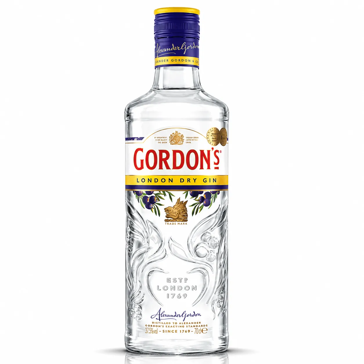 Garrafa de Gordon's London Dry Gin 75cl com design clássico verde