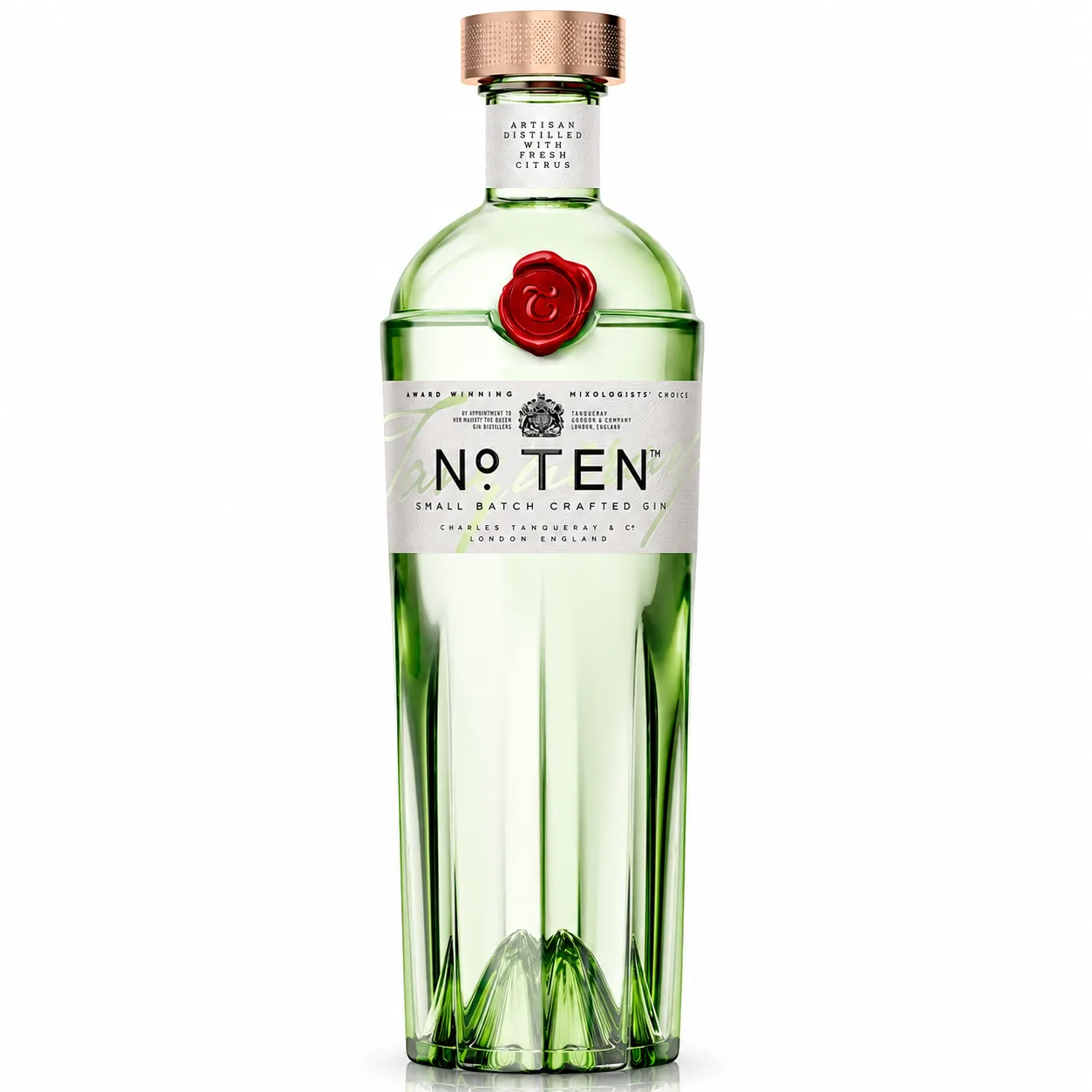 Garrafa de Tanqueray No. Ten Gin 75cl premium com design elegante e acabamento verde