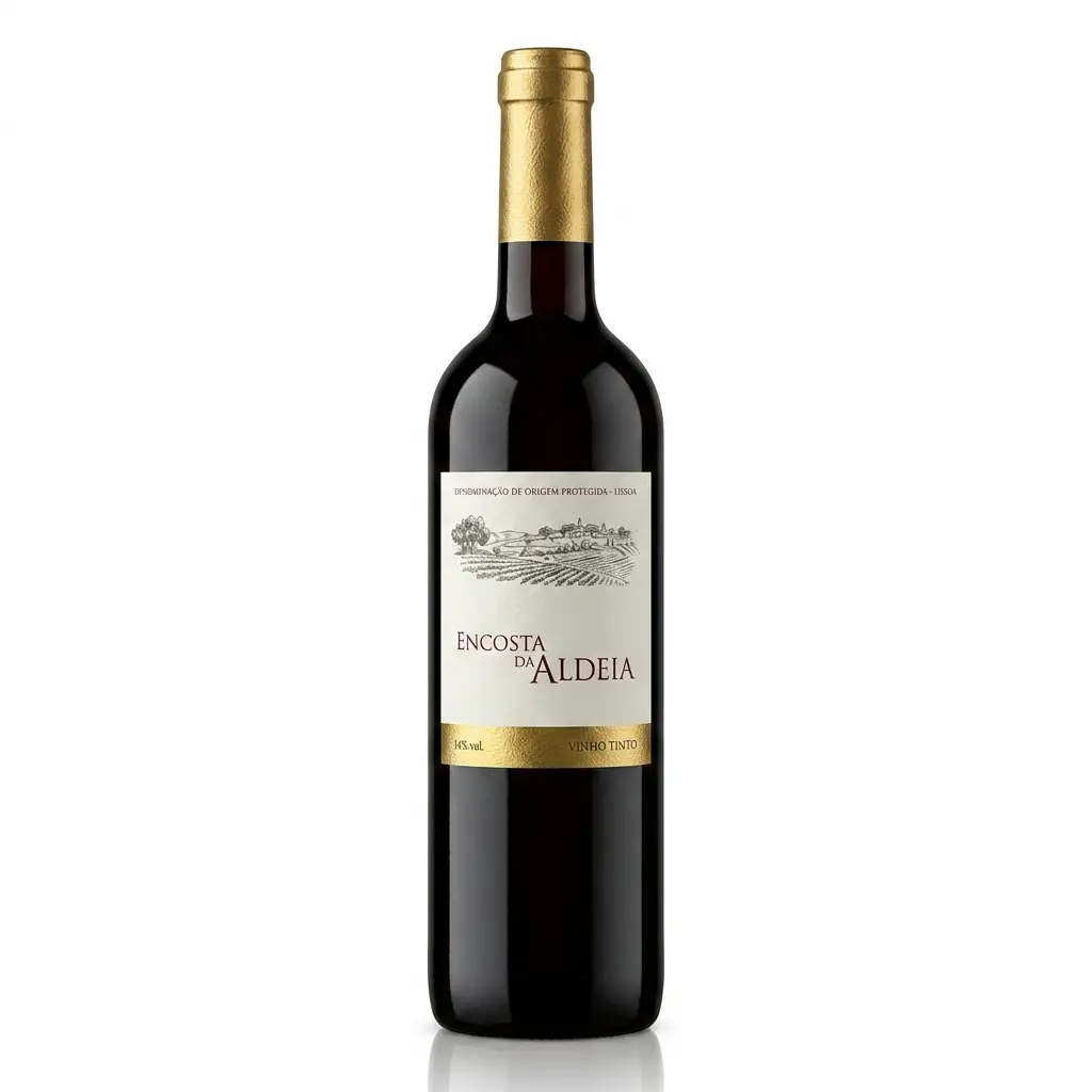 Encosta da Aldeia Tinto, vinho tinto suave com notas de frutas vermelhas maduras e perfil equilibrado, ideal para refeições do dia a dia.