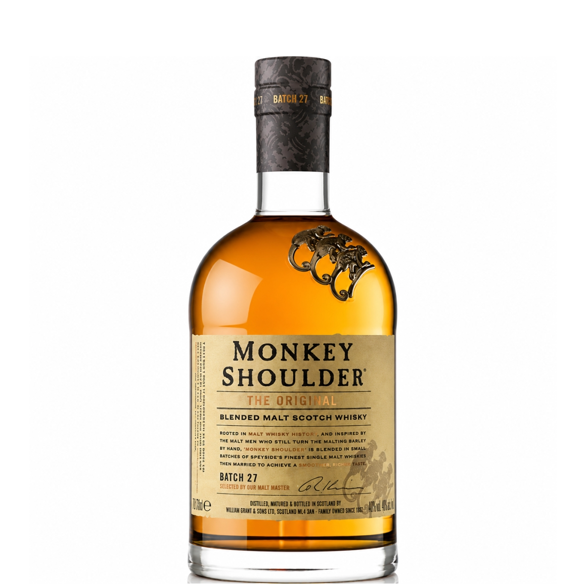 Monkey Shoulder Blended Malt Scotch Whisky, whisky escocês aromático com notas de baunilha, caramelo e especiarias, ideal para cocktails e degustação refinada.
