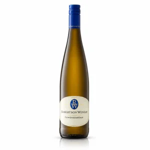 Garrafa de vinho branco Robertson Gewurztraminer safra 2024 com rótulo branco e detalhes em azul, fundo branco.