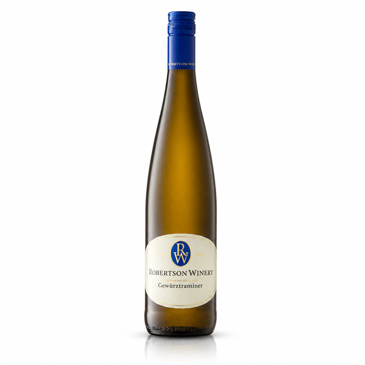 Garrafa de vinho branco Robertson Gewurztraminer safra 2024 com rótulo branco e detalhes em azul, fundo branco.
