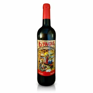Garrafa de vinho português 6 Taças Fado Tinto 2023 com rótulo ilustrado de uma taberna tradicional.