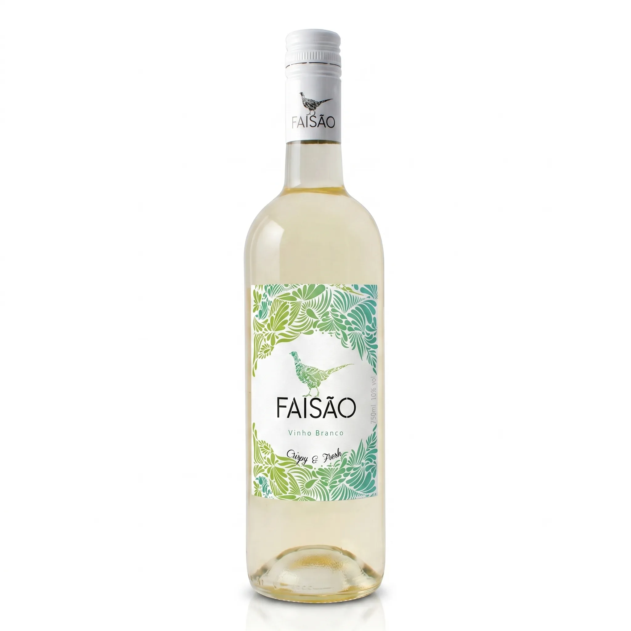 Garrafa de Vinho Faisão Frutado Branco em fundo neutro, realçando a frescura e o rótulo característico