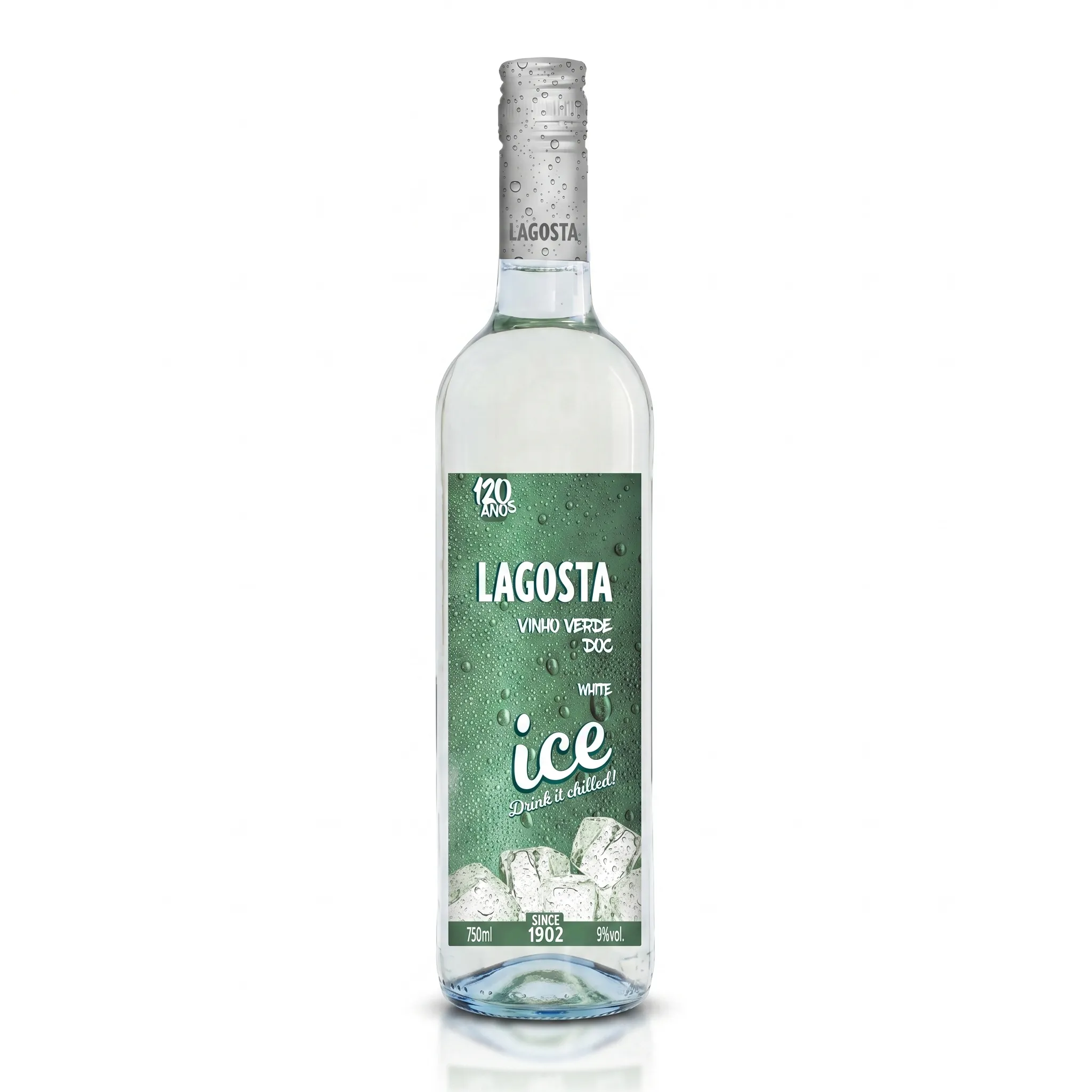 Garrafa de Vinho Lagosta ICE Verde Branco com design moderno em fundo branco