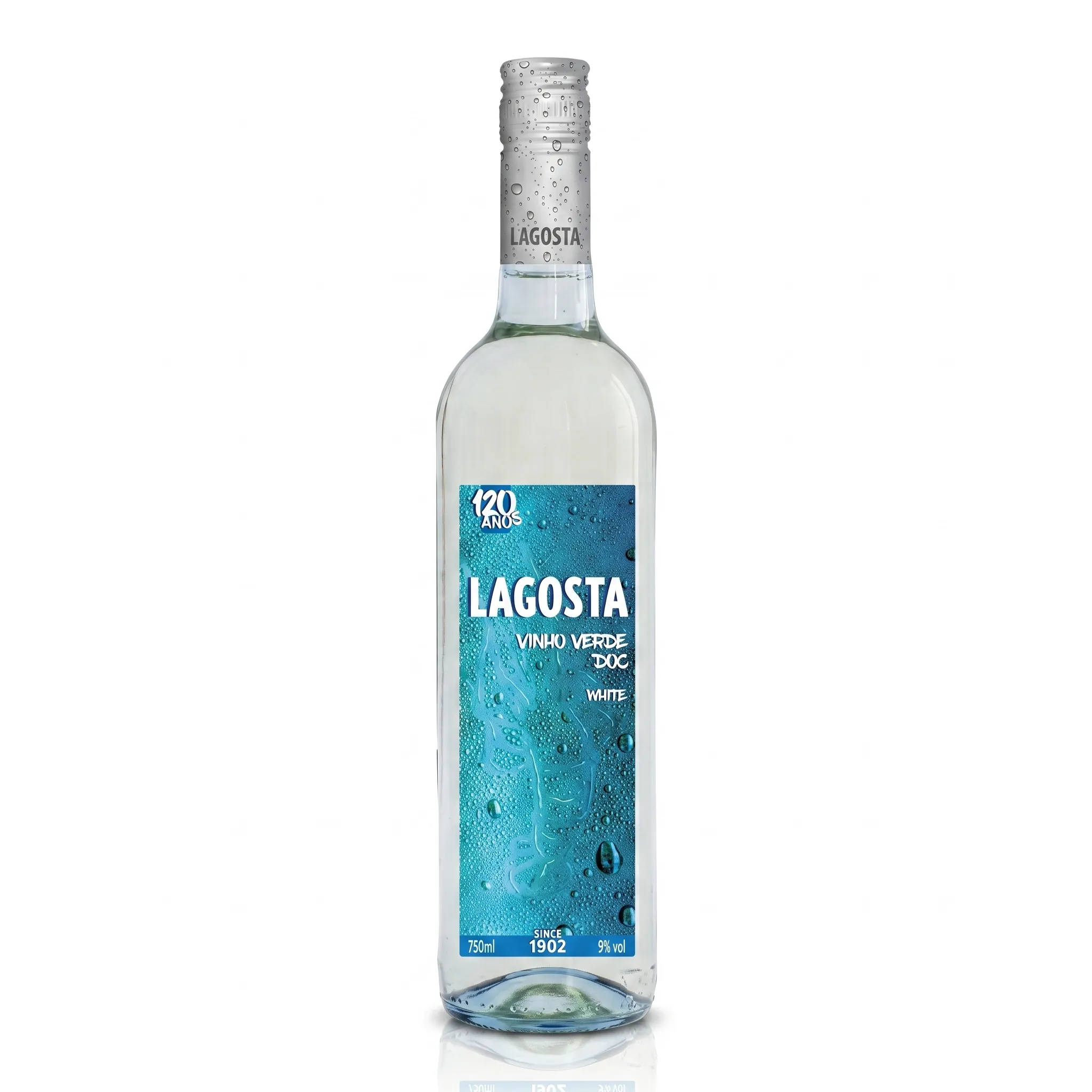 Garrafa de Vinho Lagosta Verde Branco em fundo branco, destacando a frescura da marca