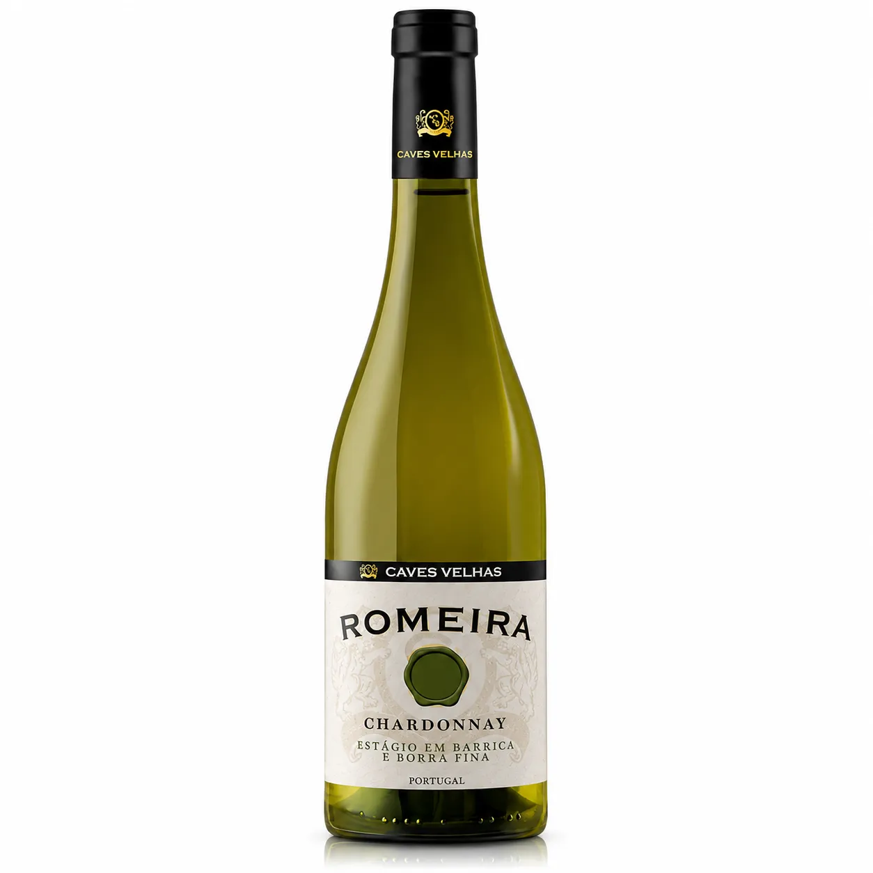 Garrafa de Vinho Romeira Chardonnay Branco com rótulo moderno em fundo neutro