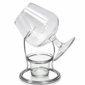 Conjunto de aquecedor de conhaque premium com suporte de metal, vela acesa e copo balão de cristal