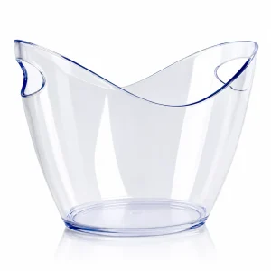 Balde de gelo em acrílico transparente espesso com duas garrafas de vinho branco e cubos de gelo