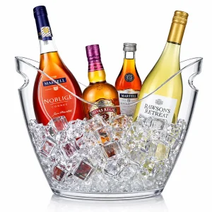 Balde de gelo em acrílico transparente espesso com duas garrafas de vinho branco e cubos de gelo
