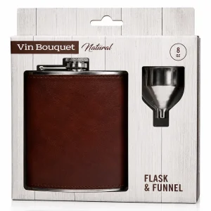 Cantil de bolso em aço inox Vin Bouquet de sete onças com funil metálico ao lado em fundo branco