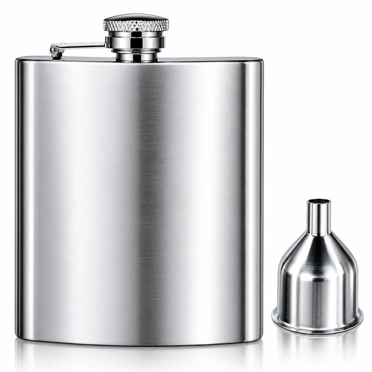 Cantil de bolso em aço inox Vin Bouquet de sete onças com funil metálico ao lado em fundo branco