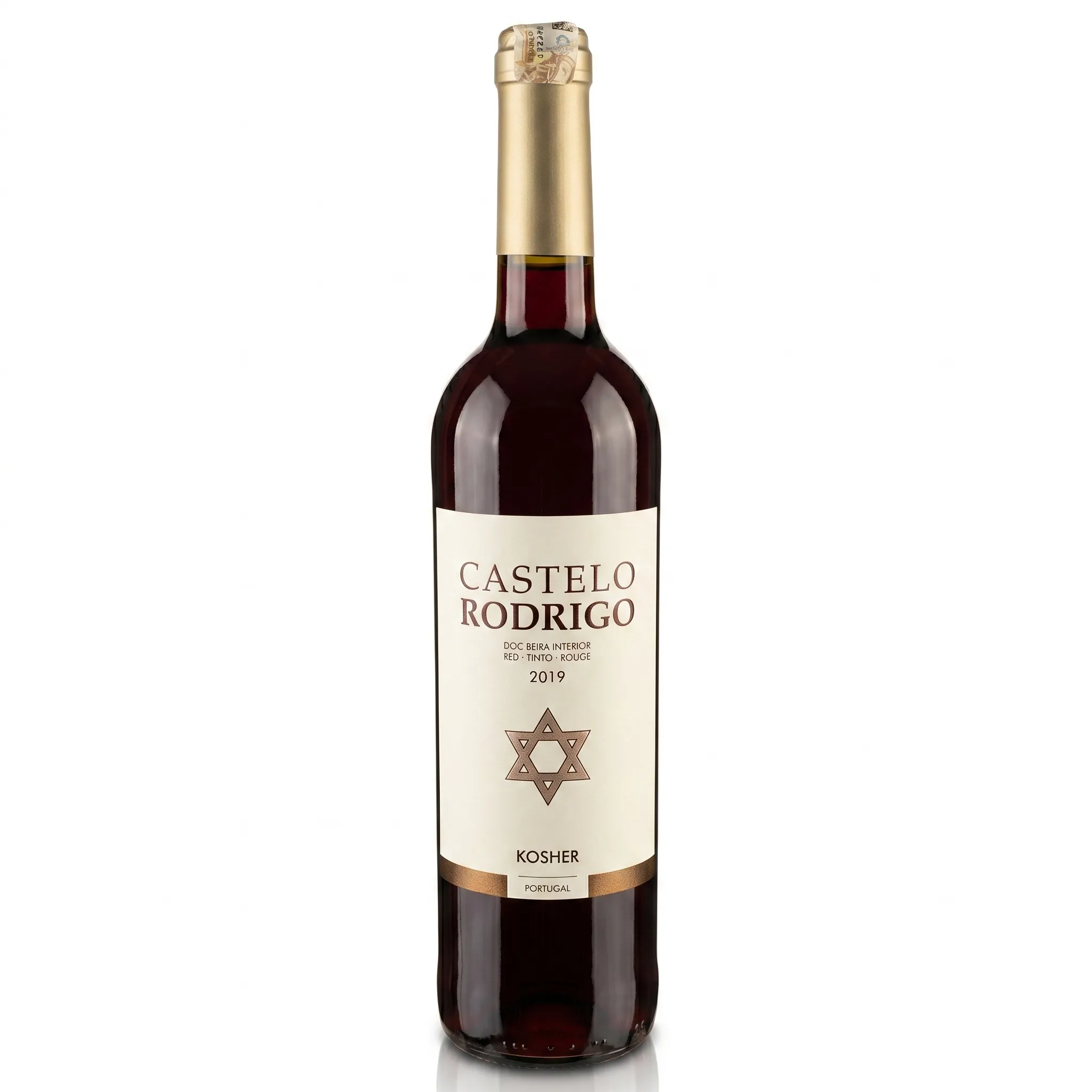 Vinho Castelo Rodrigo Beira Interior Tinto, colheita de 2019. Garrafa do Vinho Castelo Rodrigo Beira Interior Tinto 2019 com rótulo frontal em destaque