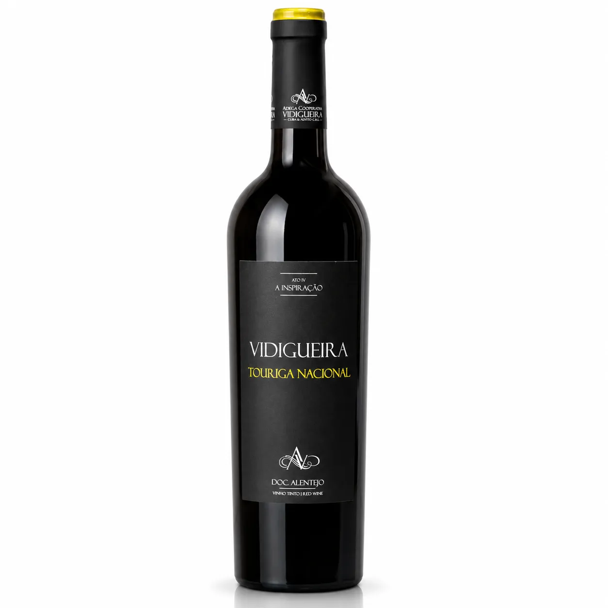 Vinho Vidigueira Touriga Nacional, colheita de 2019. Garrafa do Vinho Vidigueira Touriga Nacional 2019 com rótulo em destaque